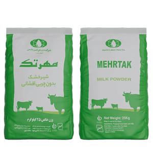 آلت پیام: پودر شیر بدون چربی، بسته بندی سبز، محصول شرکت زرین لبن پارس، بسته ۲۵ کیلویی.